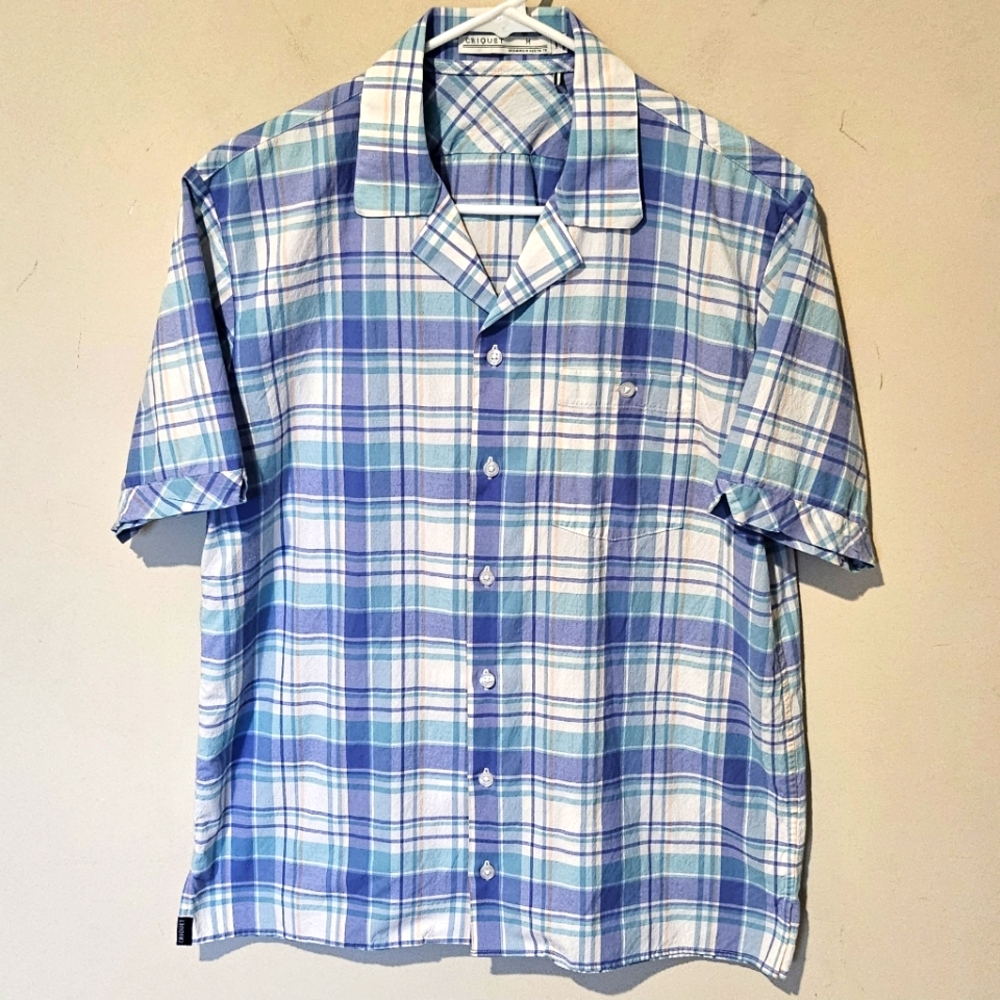 Criquet Plaid Button Down Short Sleeve Camp Shirt - Size Medium - Nylon Blend